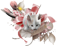 a white kitten is surrounded by flowers and ribbons