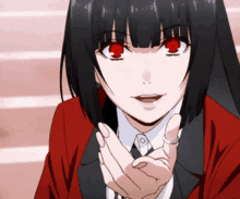 a girl with red eyes is wearing a red jacket and tie