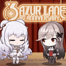 two anime girls are standing in front of a sign that says ' azur lane rd anniversary '