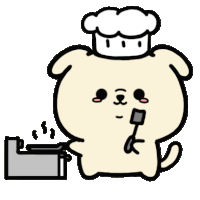 a cartoon dog wearing a chef 's hat is cooking with a spatula