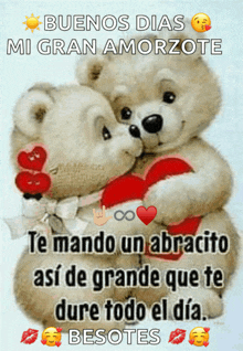 a couple of teddy bears hugging each other with a message in spanish