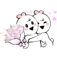 two cartoon characters hugging each other while holding a bouquet of pink roses