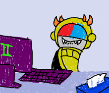 a drawing of a monster sitting in front of a computer with the letter i visible