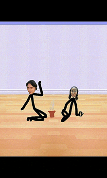 a couple of stick figures sitting on the floor with their faces drawn on them