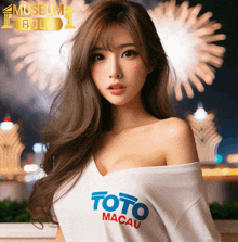 a woman wearing a toto macau shirt is standing in front of fireworks