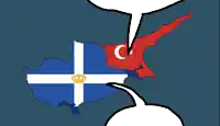 a white speech bubble is above a map of cyprus and a map of turkey