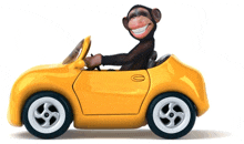 a chimpanzee is driving a yellow car with a smiley face on its face