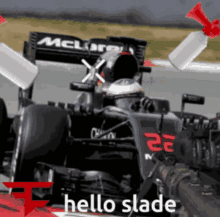 a picture of a mclaren race car with the words hello slade above it