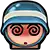 a pixel art illustration of a person wearing a helmet with a swirl in their eyes .