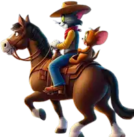 tom and jerry are riding on the back of a brown horse