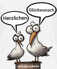 a cartoon of two seagulls with speech bubbles that say herzlichen glückwunsch