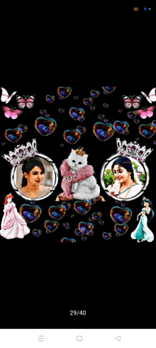 a collage of pictures of princesses and a cat with a crown