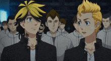 a group of anime characters are standing in a dark room