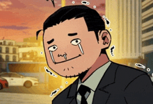 a cartoon of a man in a suit with tears running down his face