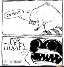 a black and white drawing of a raccoon with a speech bubble saying `` i 'm rabid . ''