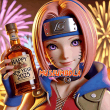 a girl with purple eyes is holding a bottle of happy new year 2025