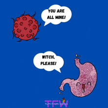 a cartoon of a stomach saying " you are all mine " and " witch please "