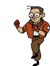 a cartoon of a man wearing a red jacket and brown pants is standing on one leg .