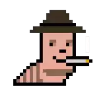 a pixel art of a man wearing a hat smoking a cigarette