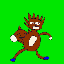 a cartoon drawing of a brown animal with red eyes