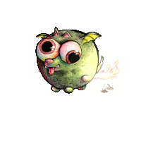 a cartoon drawing of a green monster with wings and big eyes