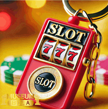 a red slot machine keychain with the words slot on the front