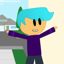 a cartoon character with blue hair and a purple shirt