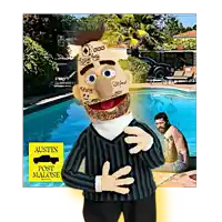 a puppet is standing in front of a pool with a sign that says austin post malone on it