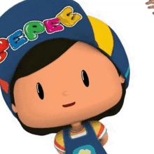 a cartoon character wearing a blue hat that says bebe on it