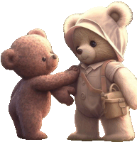 two teddy bears standing next to each other with one wearing overalls