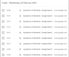 a google search for symptoms of dementia is shown