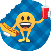 a yellow smiley face is holding a hot dog and a soda