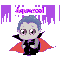 a cartoon of a vampire with the word depressed behind him