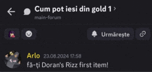 a screenshot of a text message between arlo and doran 's rizz first item