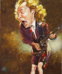 a painting of a man playing a guitar has the year 2002 on the bottom