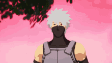 a cartoon character with white hair and a black mask