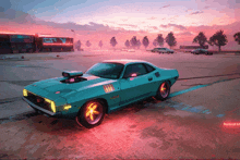 a dodge challenger is parked in a parking lot in front of a store