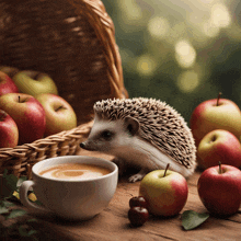 a hedgehog sits on a table next to a cup of coffee and apples