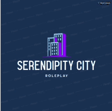 a logo for serendipity city roleplay with a blue and purple building