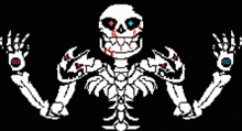 a pixel art drawing of a skeleton with red eyes and red and blue buttons on his hands .