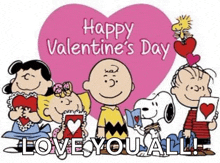 a happy valentine 's day card with snoopy , charlie brown , lucy , and woodstock