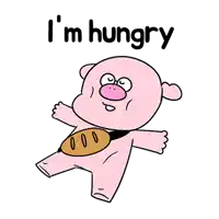 a cartoon pig is holding a loaf of bread in his belly and says `` i 'm hungry '' .