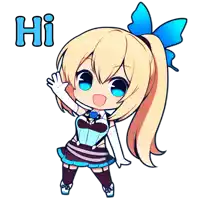 a cartoon girl with a blue bow and the word hi behind her