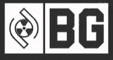 a black and white logo for bg with a nuclear symbol on it .