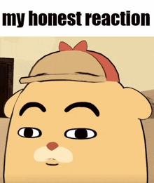 a cartoon bear wearing a hat with the words " my honest reaction " above it