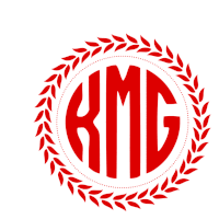 a red kmg logo with a laurel wreath surrounding it