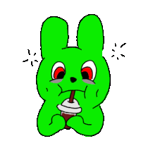 a green rabbit with red eyes is drinking from a cup with a straw .