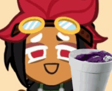 a cartoon character wearing goggles is next to a cup of purple powder