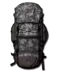 a large backpack with a camouflage pattern on it is sitting on a white surface .