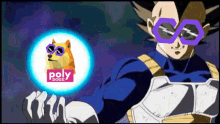 a cartoon character is holding a sphere that says poly doge on it